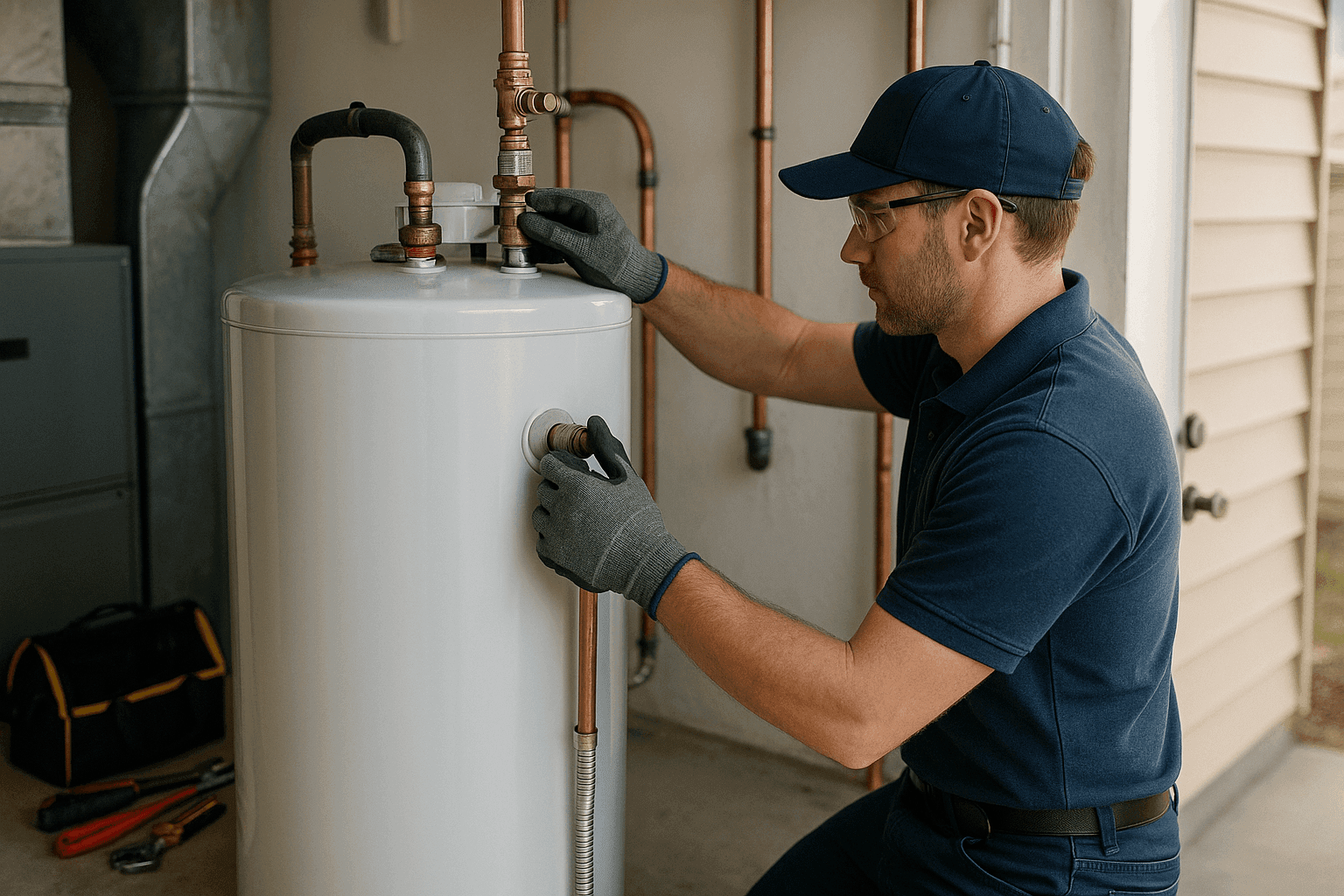 Plumber installing a new water heater in a home utility room