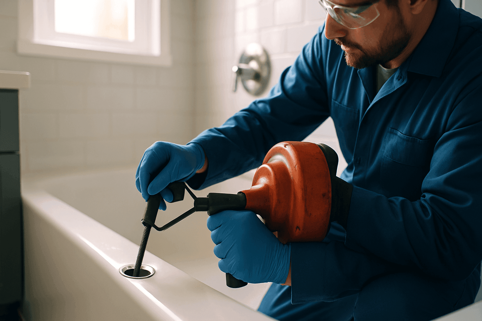 Plumber snaking a residential bathtub drain