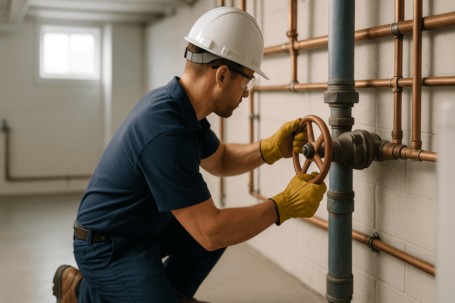 Plumber in PPE shutting off main water valve in residential basement