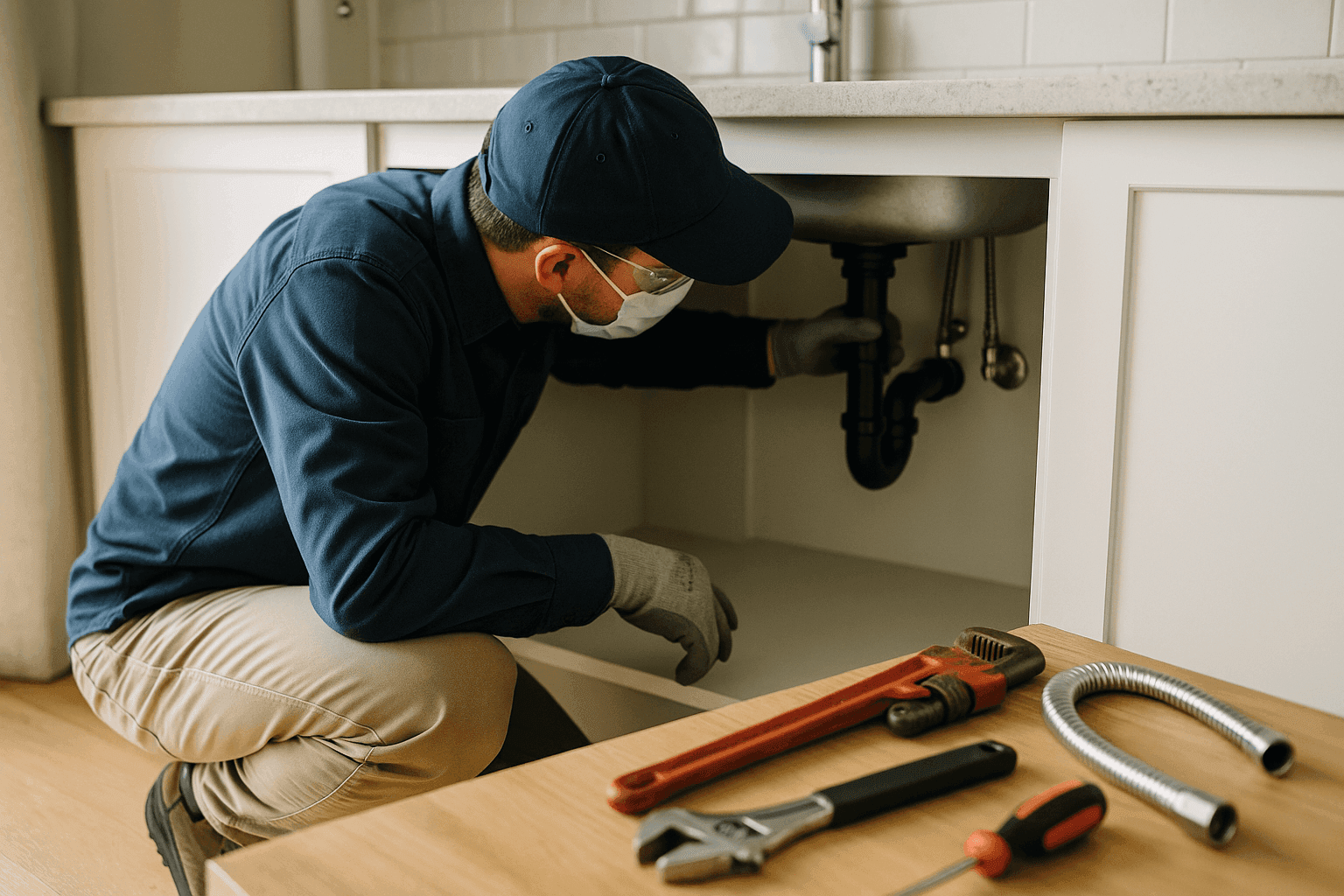 Homeowner performing routine plumbing maintenance under kitchen sink