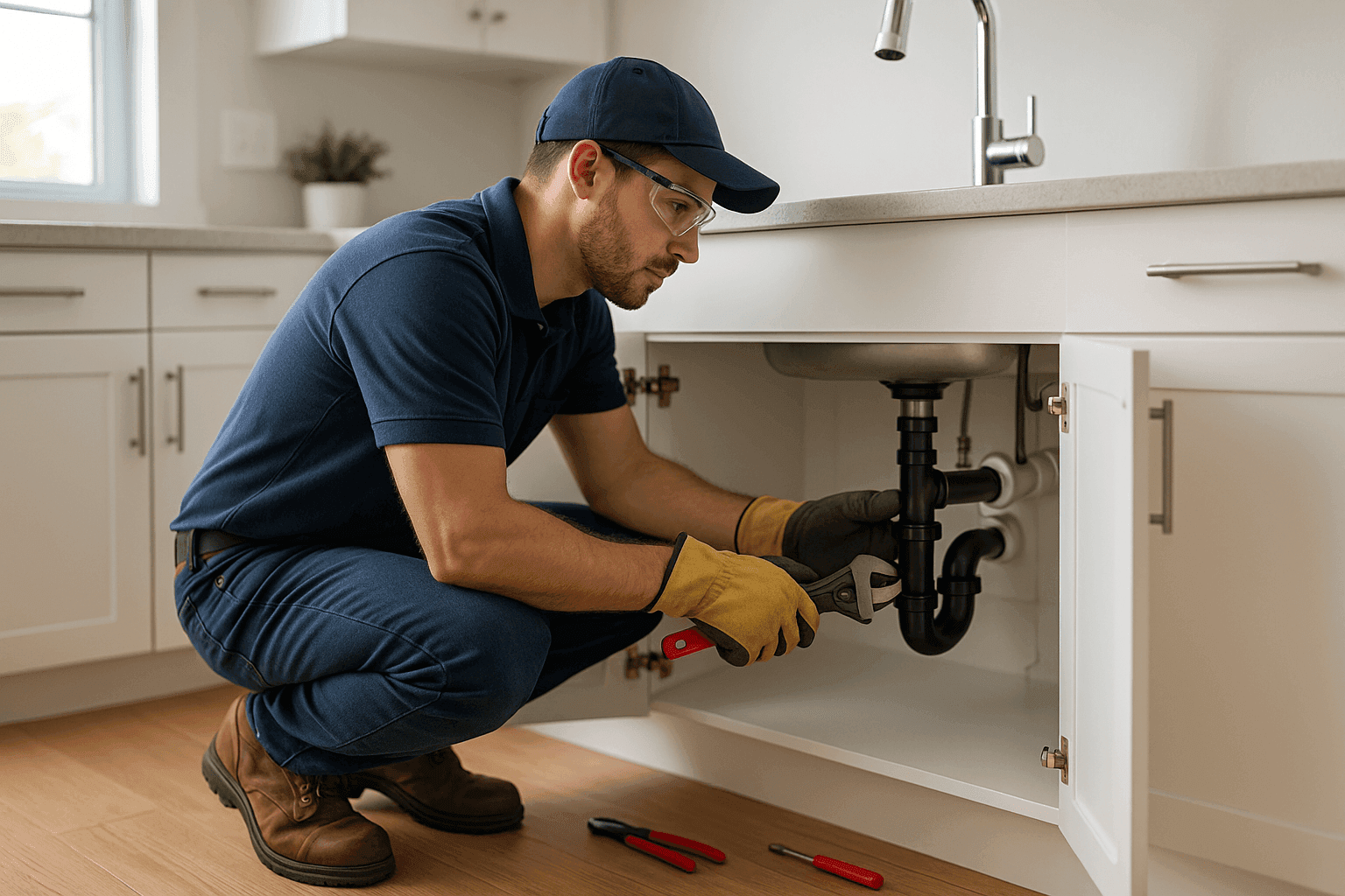 Plumber repairing leak under kitchen sink cabinet