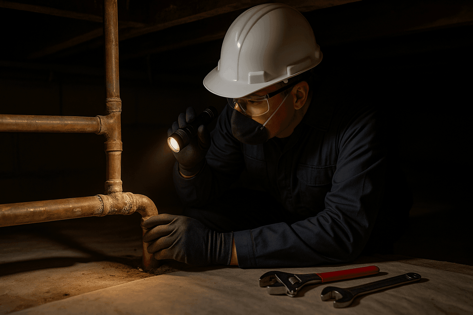 Plumber inspecting old copper pipes for corrosion in crawl space