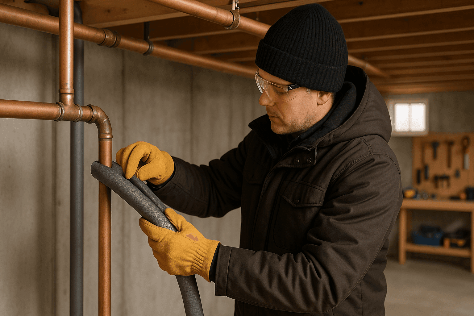 Homeowner wrapping insulation around exposed basement pipes