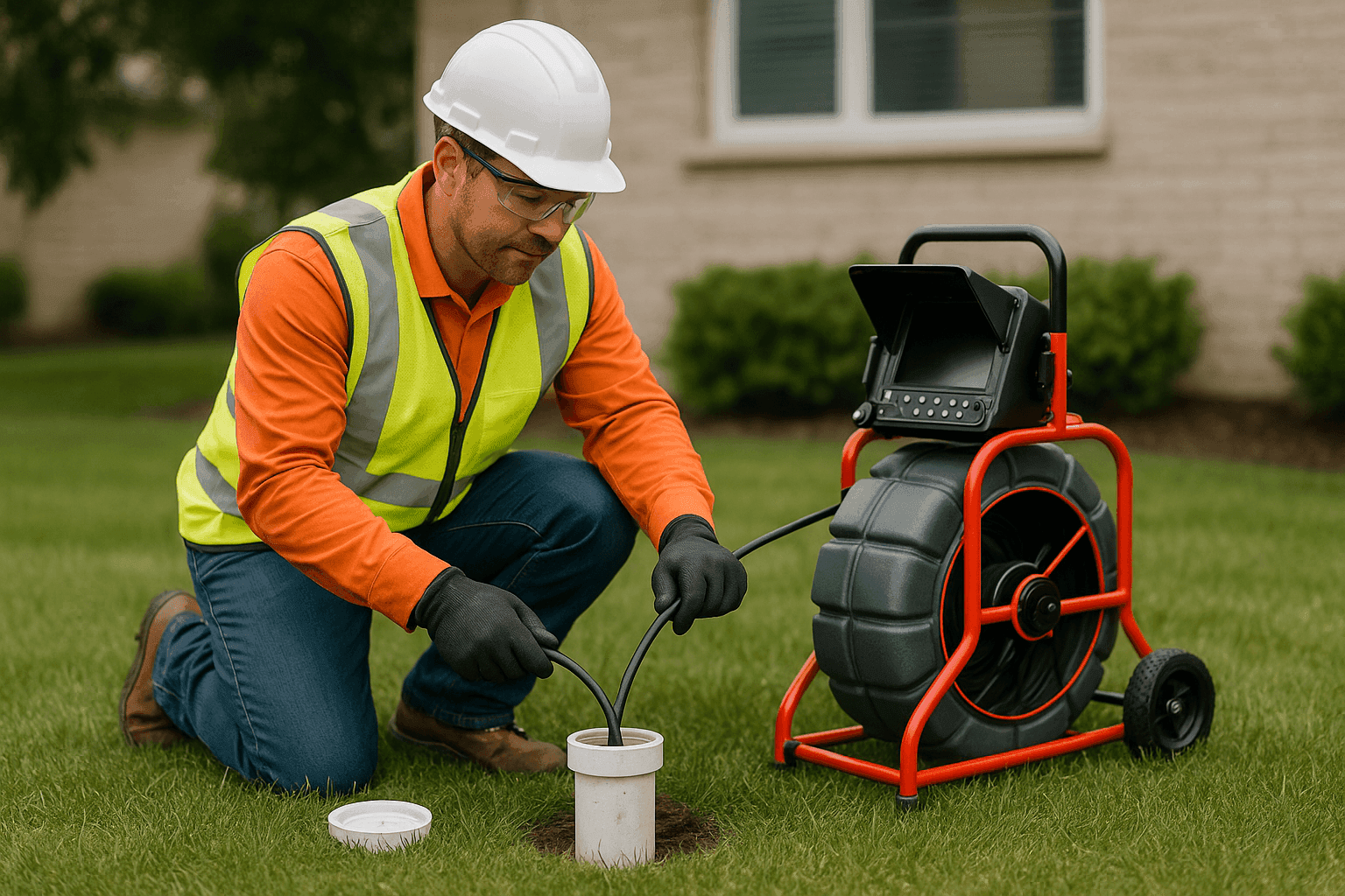 Plumber inspecting sewer line with camera equipment outdoors