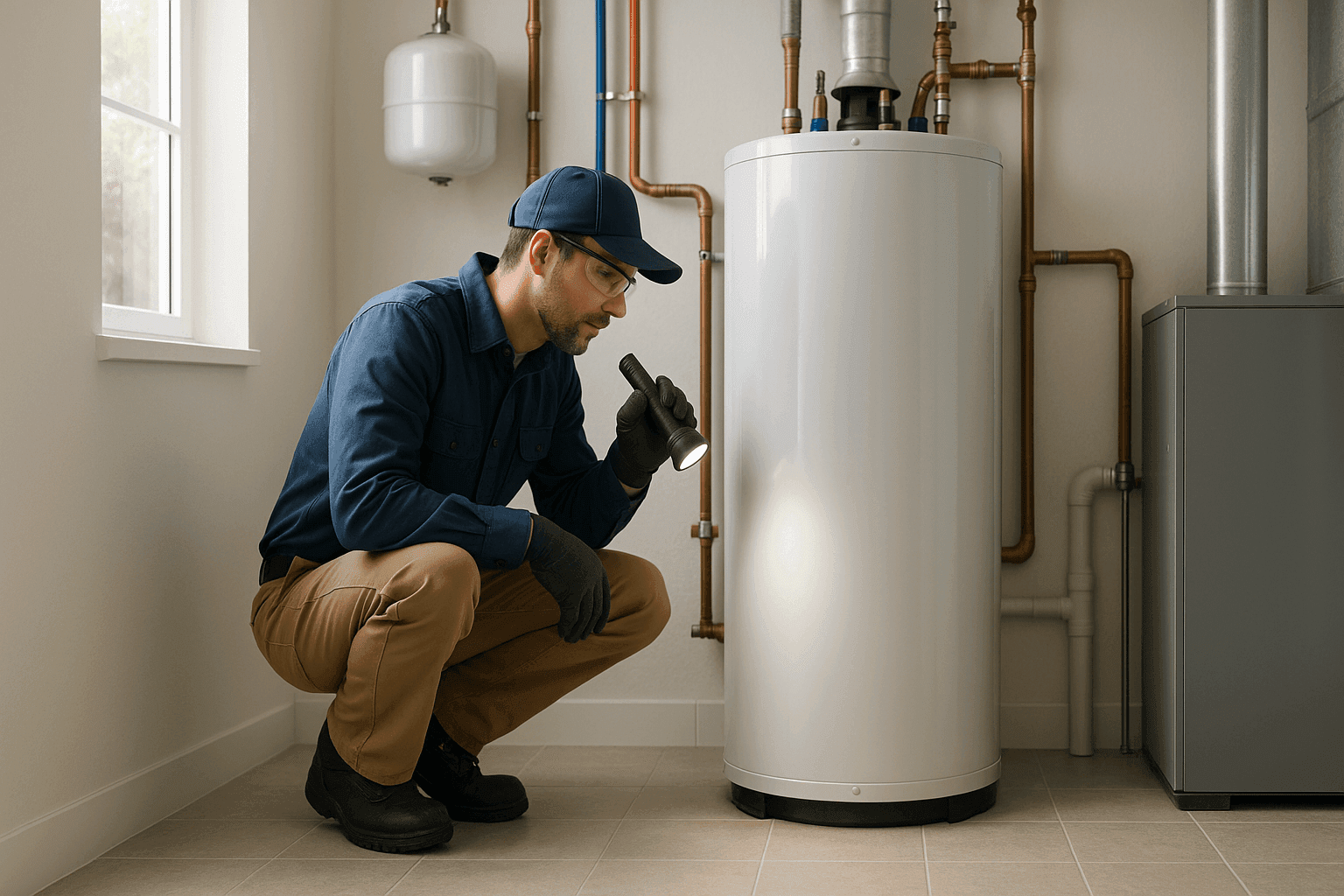 Técnico inspeccionando un calentador de agua residencial por fugas
